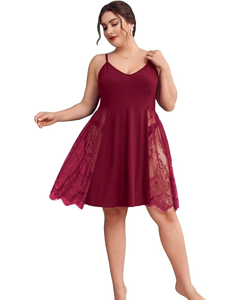 Women's Plus Size Lace Trim Backless Short Nightgown Sexy Chemise Cami Nightdress Burgundy $14.55 Sleep & Lounge