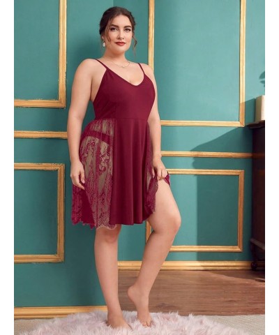 Women's Plus Size Lace Trim Backless Short Nightgown Sexy Chemise Cami Nightdress Burgundy $14.55 Sleep & Lounge