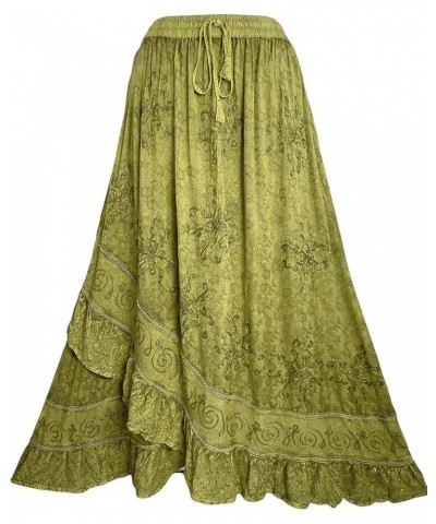 Women's Bohemian Western High Waist Boho Vintage Drawstring Embroidered Flared Ruffle Long Maxi Skirt Lime Green 2 $29.38 Skirts