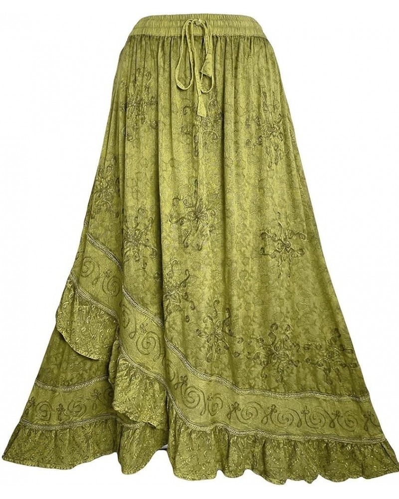 Women's Bohemian Western High Waist Boho Vintage Drawstring Embroidered Flared Ruffle Long Maxi Skirt Lime Green 2 $29.38 Skirts