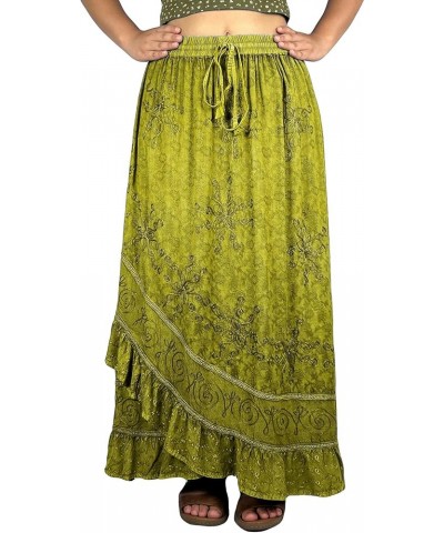 Women's Bohemian Western High Waist Boho Vintage Drawstring Embroidered Flared Ruffle Long Maxi Skirt Lime Green 2 $29.38 Skirts