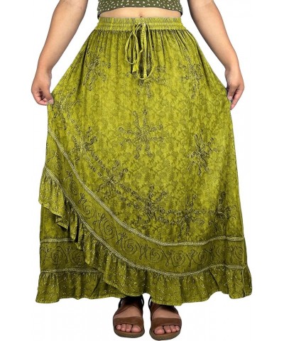 Women's Bohemian Western High Waist Boho Vintage Drawstring Embroidered Flared Ruffle Long Maxi Skirt Lime Green 2 $29.38 Skirts