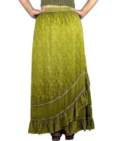 Women's Bohemian Western High Waist Boho Vintage Drawstring Embroidered Flared Ruffle Long Maxi Skirt Lime Green 2 $29.38 Skirts