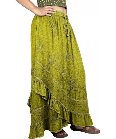 Women's Bohemian Western High Waist Boho Vintage Drawstring Embroidered Flared Ruffle Long Maxi Skirt Lime Green 2 $29.38 Skirts