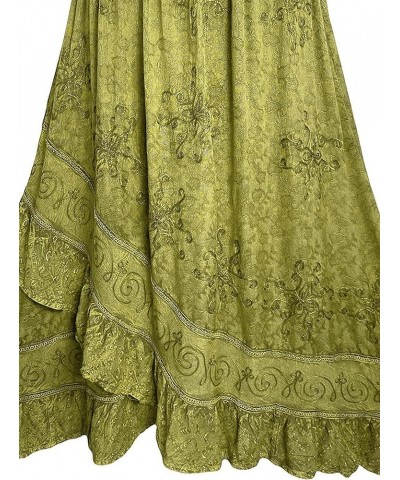 Women's Bohemian Western High Waist Boho Vintage Drawstring Embroidered Flared Ruffle Long Maxi Skirt Lime Green 2 $29.38 Skirts