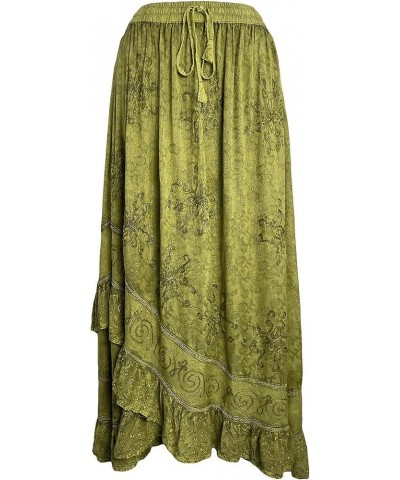 Women's Bohemian Western High Waist Boho Vintage Drawstring Embroidered Flared Ruffle Long Maxi Skirt Lime Green 2 $29.38 Skirts