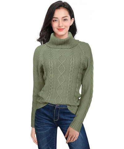 Women's Cotton Turtle Cowl Neck Aran Fishermen Fair Isle Cable Knit Sweater Soft Grass $23.39 Sweaters