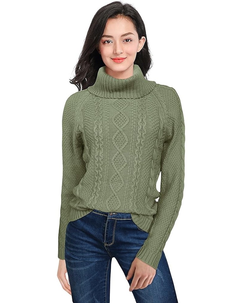 Women's Cotton Turtle Cowl Neck Aran Fishermen Fair Isle Cable Knit Sweater Soft Grass $23.39 Sweaters