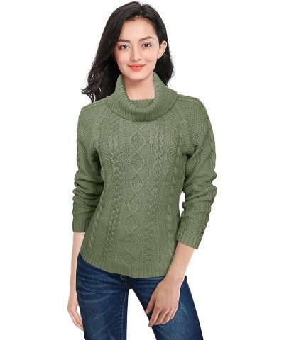 Women's Cotton Turtle Cowl Neck Aran Fishermen Fair Isle Cable Knit Sweater Soft Grass $23.39 Sweaters