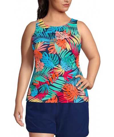 Women's Modest High Neck Tankini Top Swimsuit Deep Sea Navy/Multi Palm $16.56 Swimsuits