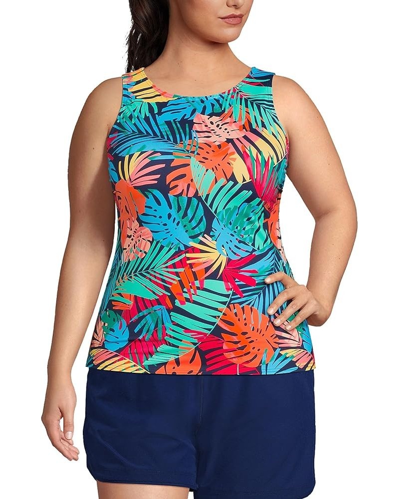 Women's Modest High Neck Tankini Top Swimsuit Deep Sea Navy/Multi Palm $16.56 Swimsuits