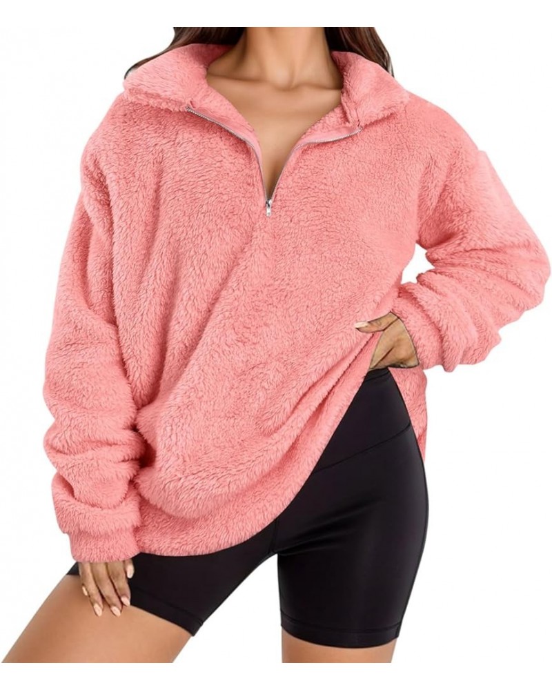 Women Sherpa Pullover Quarter Zip Sweatshirts Winter Long Sleeve Fluffy Soft Fleece Jackets Sweaters Plus Size Tops Pink $8.4...