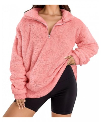 Women Sherpa Pullover Quarter Zip Sweatshirts Winter Long Sleeve Fluffy Soft Fleece Jackets Sweaters Plus Size Tops Pink $8.4...