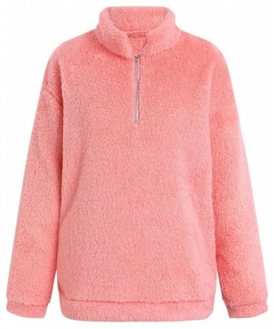 Women Sherpa Pullover Quarter Zip Sweatshirts Winter Long Sleeve Fluffy Soft Fleece Jackets Sweaters Plus Size Tops Pink $8.4...