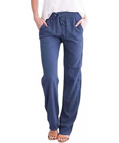 Women's Cotton Linen Pants Casual Drawstring Loose Elastic Waist Beach Trousers with Pockets Deep Blue $11.43 Pants