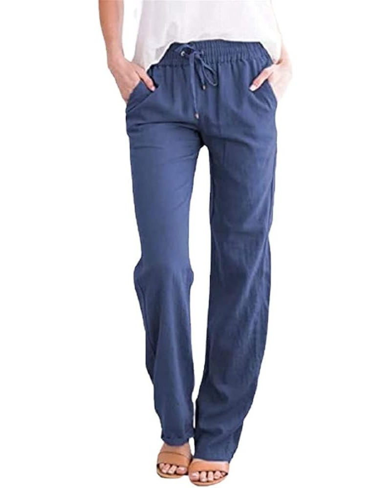 Women's Cotton Linen Pants Casual Drawstring Loose Elastic Waist Beach Trousers with Pockets Deep Blue $11.43 Pants