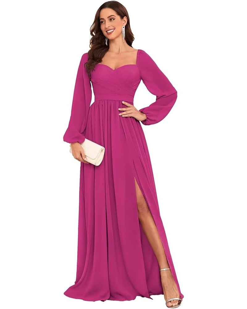 Long Sleeve Bridesmaid Dresses for Women Long Pleated Chiffon Formal Evening Dresses with Slit Hot Pink $32.99 Dresses