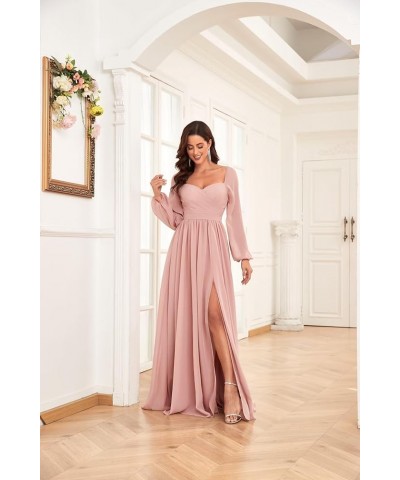 Long Sleeve Bridesmaid Dresses for Women Long Pleated Chiffon Formal Evening Dresses with Slit Hot Pink $32.99 Dresses