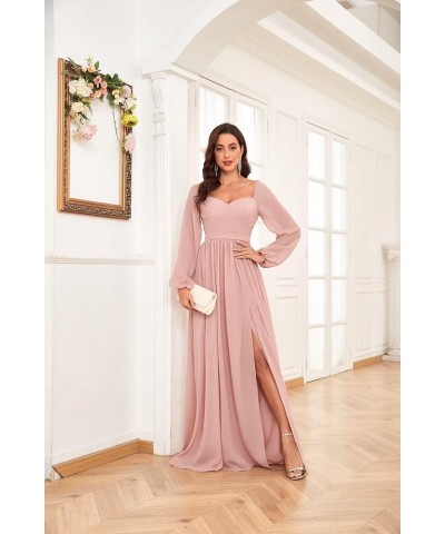 Long Sleeve Bridesmaid Dresses for Women Long Pleated Chiffon Formal Evening Dresses with Slit Hot Pink $32.99 Dresses