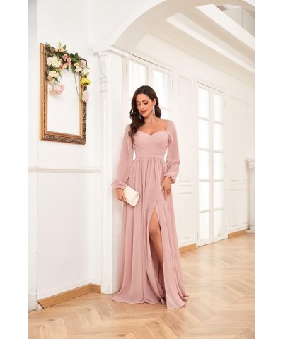 Long Sleeve Bridesmaid Dresses for Women Long Pleated Chiffon Formal Evening Dresses with Slit Hot Pink $32.99 Dresses