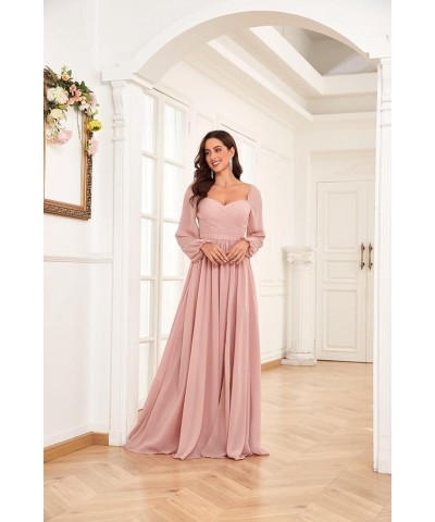 Long Sleeve Bridesmaid Dresses for Women Long Pleated Chiffon Formal Evening Dresses with Slit Hot Pink $32.99 Dresses