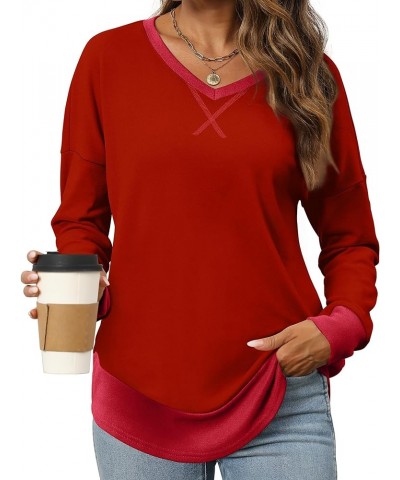 Sweatshirt for Women 2023 Color Block V Neck Shirt Long Sleeve Fashion Fall Outfits G-red $9.68 Hoodies & Sweatshirts