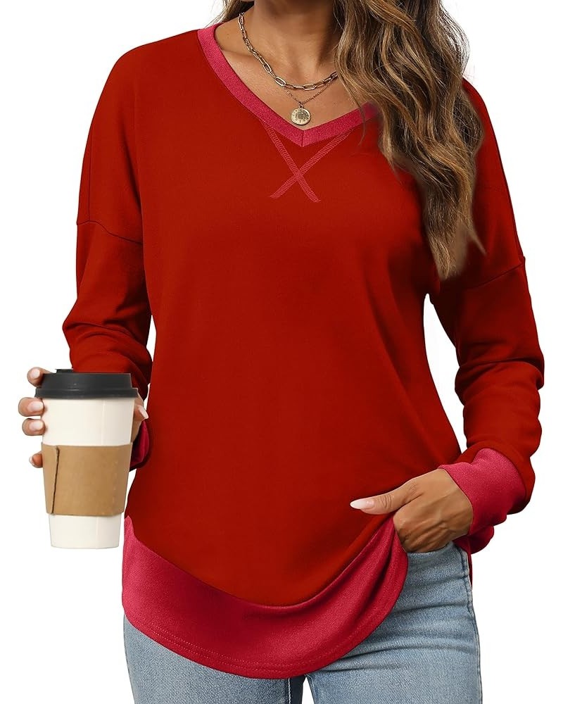 Sweatshirt for Women 2023 Color Block V Neck Shirt Long Sleeve Fashion Fall Outfits G-red $9.68 Hoodies & Sweatshirts