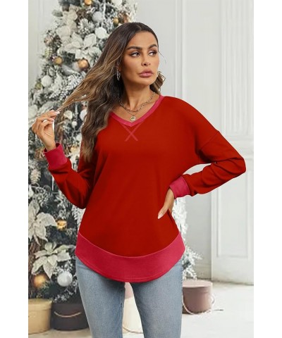 Sweatshirt for Women 2023 Color Block V Neck Shirt Long Sleeve Fashion Fall Outfits G-red $9.68 Hoodies & Sweatshirts