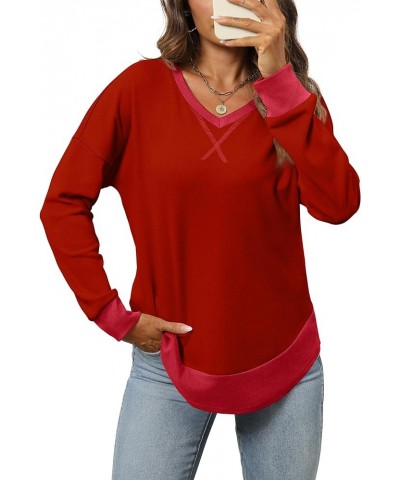 Sweatshirt for Women 2023 Color Block V Neck Shirt Long Sleeve Fashion Fall Outfits G-red $9.68 Hoodies & Sweatshirts