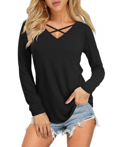 Women's Short/Long Sleeve V Neck Criss Cross T-Shirt Tops C-black $15.59 T-Shirts