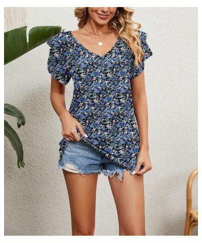 Womens Casual Tops Summer V Neck T Shirt Ruffle Short Sleeve Fitting Tunic Blouses Floral Blue $8.24 Tops