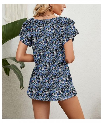 Womens Casual Tops Summer V Neck T Shirt Ruffle Short Sleeve Fitting Tunic Blouses Floral Blue $8.24 Tops