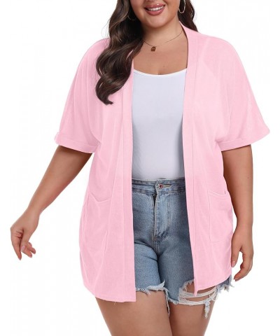 Women's Summer Cardigan Plus Size Short Sleeve Open Front Lightweight Cardigan with Pockets Drape Beach Cover Up Rose Pink $1...