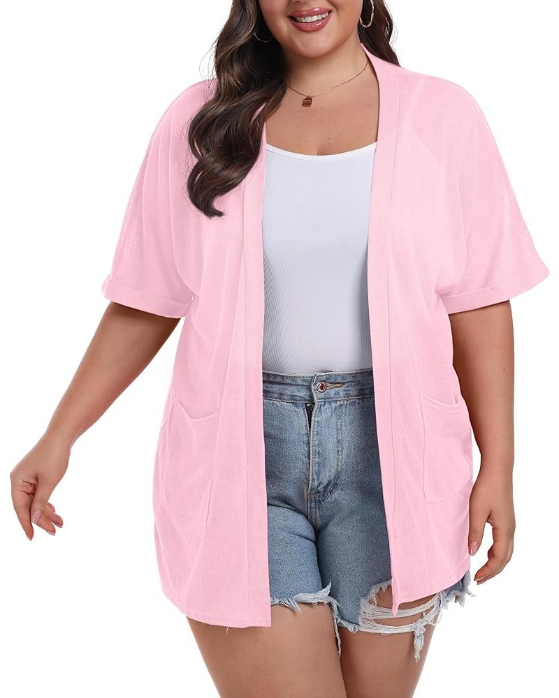 Women's Summer Cardigan Plus Size Short Sleeve Open Front Lightweight Cardigan with Pockets Drape Beach Cover Up Rose Pink $1...