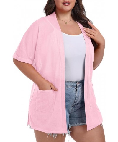 Women's Summer Cardigan Plus Size Short Sleeve Open Front Lightweight Cardigan with Pockets Drape Beach Cover Up Rose Pink $1...