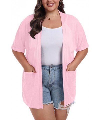 Women's Summer Cardigan Plus Size Short Sleeve Open Front Lightweight Cardigan with Pockets Drape Beach Cover Up Rose Pink $1...