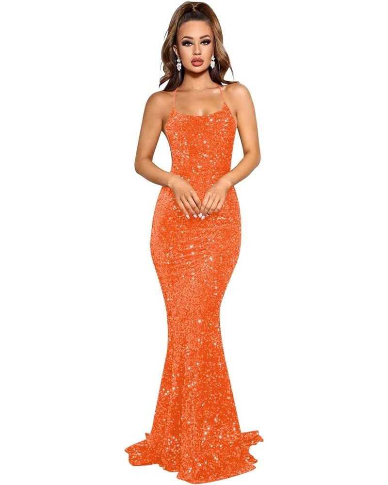 Women's V Neck Sequin Prom Dresses Long Mermaid Formal Evening Gowns with Slit A-orange $38.24 Dresses