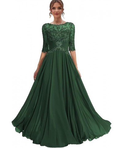 Elegant Lace Mother of The Bride Dresses for Wedding Long Half Sleeve Ruched Formal Evening Dress for Women RO130 Emerald Gre...