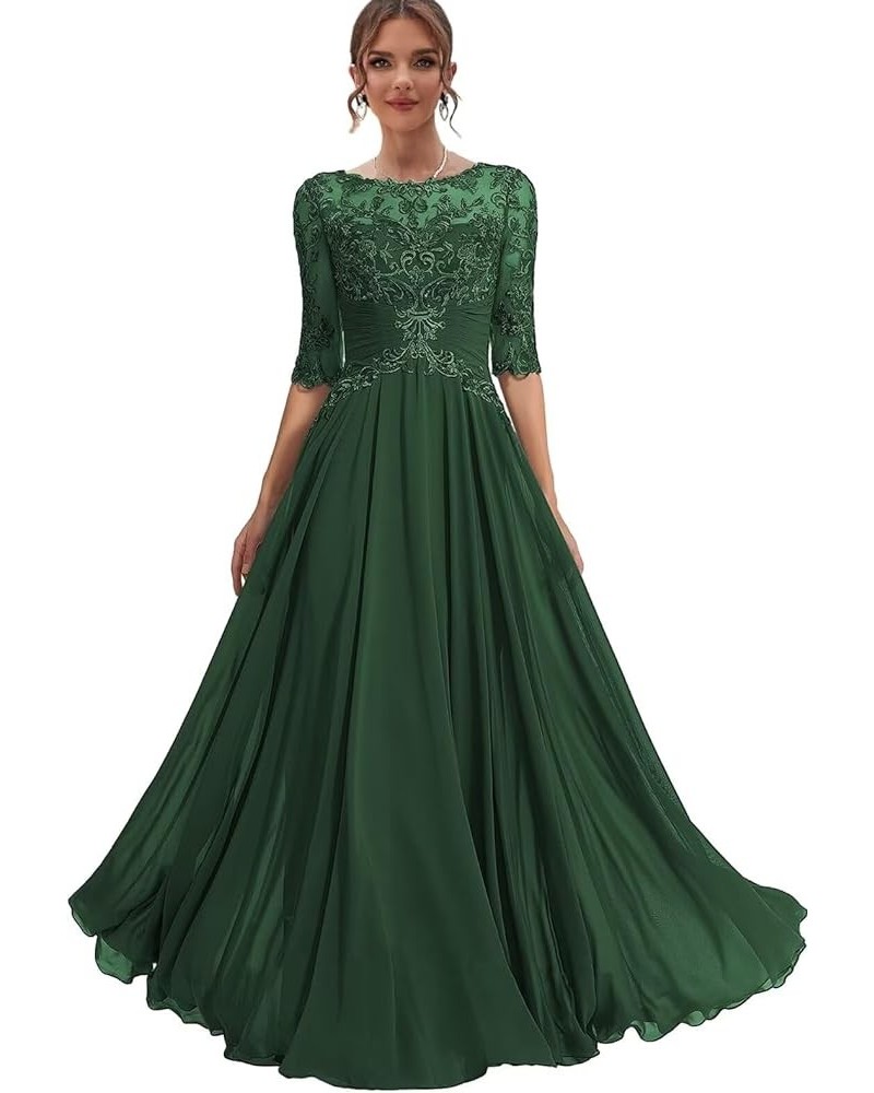 Elegant Lace Mother of The Bride Dresses for Wedding Long Half Sleeve Ruched Formal Evening Dress for Women RO130 Emerald Gre...