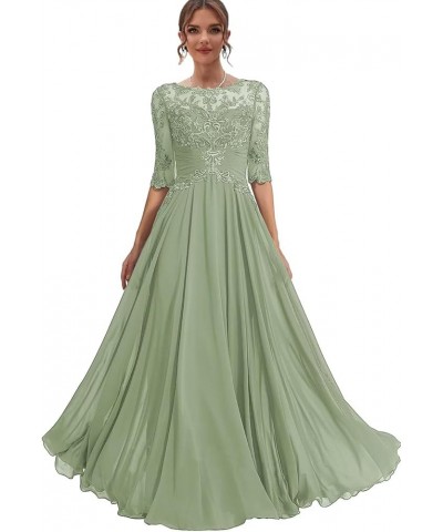 Elegant Lace Mother of The Bride Dresses for Wedding Long Half Sleeve Ruched Formal Evening Dress for Women RO130 Emerald Gre...