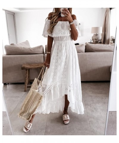 Women's Summer Dress V Neck Spaghetti Strap Sleeveless High Waist Bohemian Wedding Beach Casual Maxi Long Dresses Boho White-...