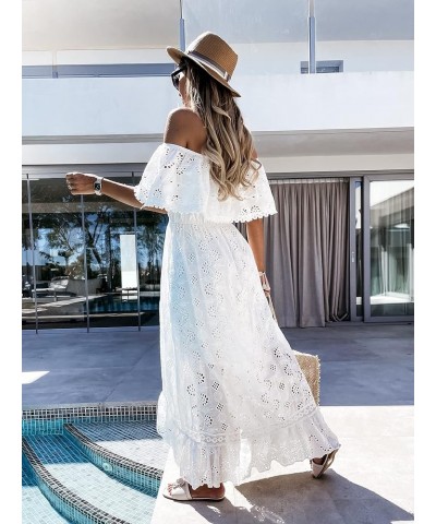 Women's Summer Dress V Neck Spaghetti Strap Sleeveless High Waist Bohemian Wedding Beach Casual Maxi Long Dresses Boho White-...