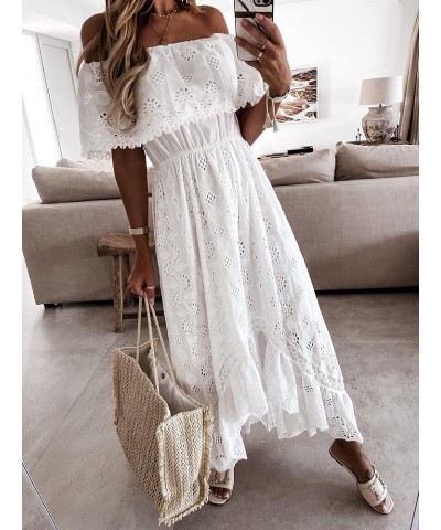 Women's Summer Dress V Neck Spaghetti Strap Sleeveless High Waist Bohemian Wedding Beach Casual Maxi Long Dresses Boho White-...