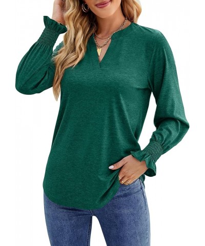 Womens Long Sleeve Tops Casual Loose V Neck Shirts Elegant Puff Sleeve Blouse A-dark Green $11.25 Tops