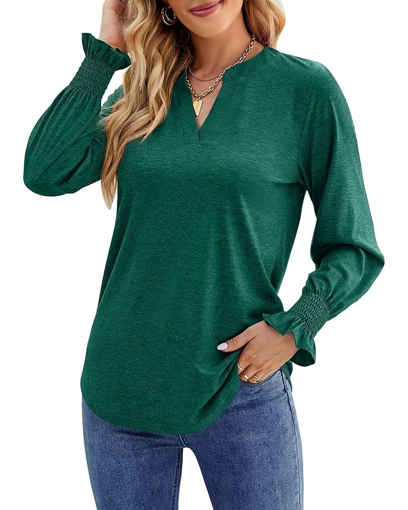 Womens Long Sleeve Tops Casual Loose V Neck Shirts Elegant Puff Sleeve Blouse A-dark Green $11.25 Tops