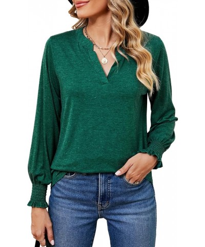 Womens Long Sleeve Tops Casual Loose V Neck Shirts Elegant Puff Sleeve Blouse A-dark Green $11.25 Tops