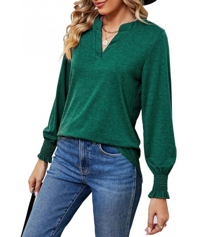 Womens Long Sleeve Tops Casual Loose V Neck Shirts Elegant Puff Sleeve Blouse A-dark Green $11.25 Tops