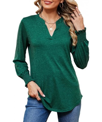 Womens Long Sleeve Tops Casual Loose V Neck Shirts Elegant Puff Sleeve Blouse A-dark Green $11.25 Tops