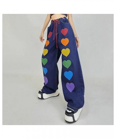 Women Patchwork Jeans High Waisted Straight Leg Stretch Denim Pants Girls Fashion Color Block Patch Jeans Cc-blue $16.34 Jeans