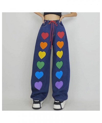 Women Patchwork Jeans High Waisted Straight Leg Stretch Denim Pants Girls Fashion Color Block Patch Jeans Cc-blue $16.34 Jeans